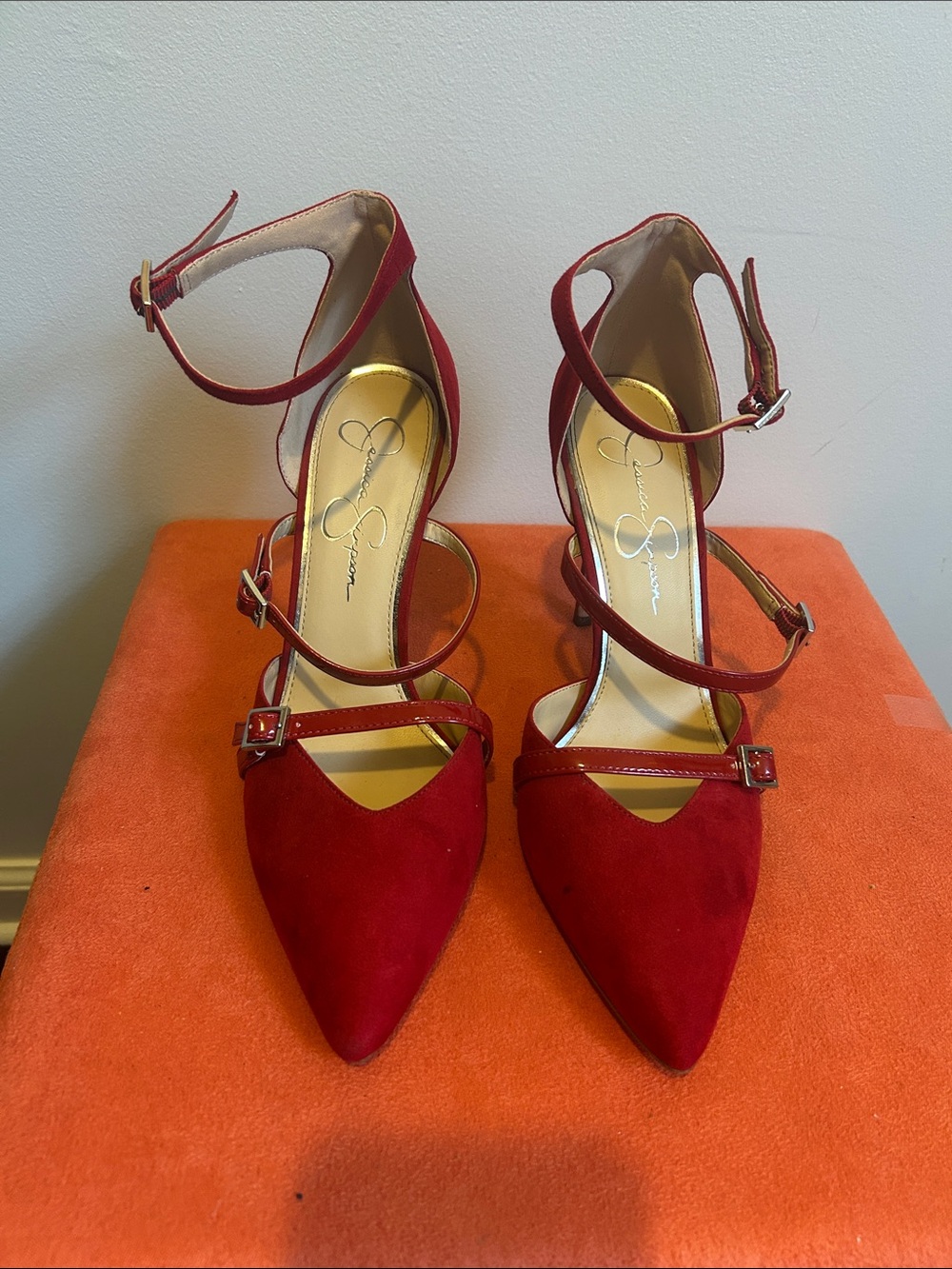 Jessica Simpson Red Pointed Strappy Ankle-Tie Heels